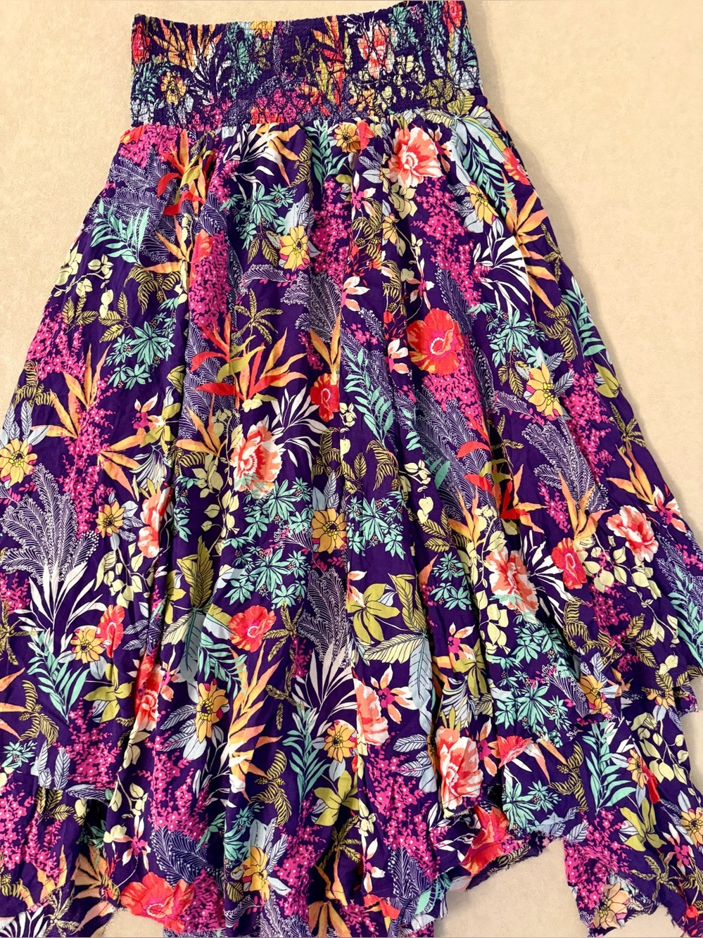 Free People Purple Floral Handkerchief Hem Smocked Asymmetrical Cotton Skirt M - Picture 12 of 17